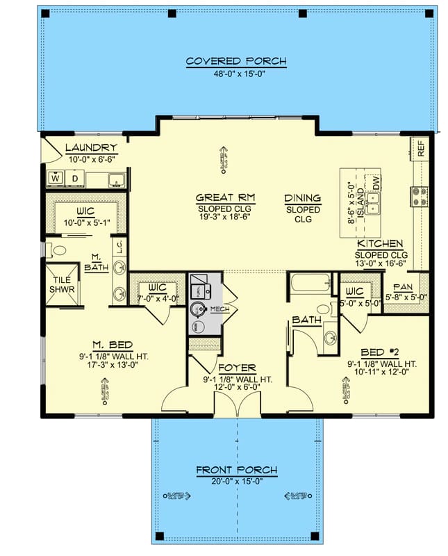 Floor plan for a 2-bedroom mountain house showing a great room, kitchen, dining area, two bathrooms, laundry room, and a 48-foot covered rear porch with a front porch