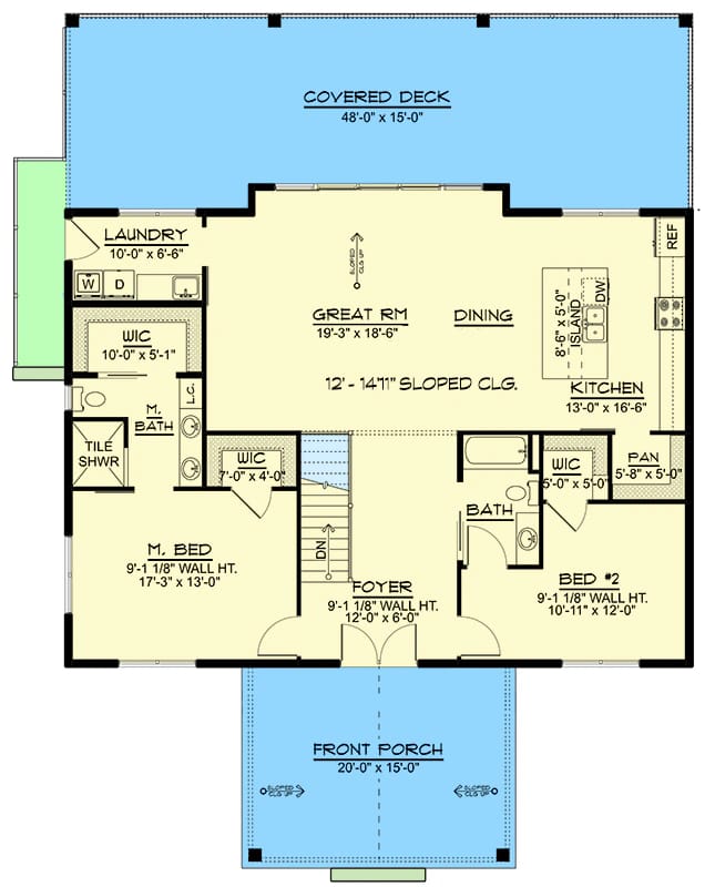 Floor plan showing a two-bedroom mountain house with a 48-foot covered rear deck, front porch, great room, dining area, kitchen, laundry room, two bathrooms, walk-in closets, and foyer