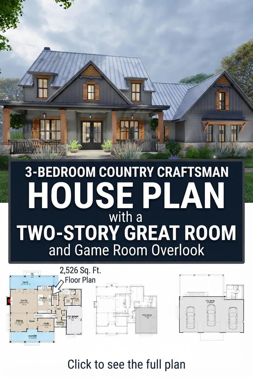 Rendering of a gray country Craftsman house with a covered front porch, metal roofs, dormer windows, and landscaped planting beds, alongside small floor plan diagrams for the 2,526-square-foot house plan.