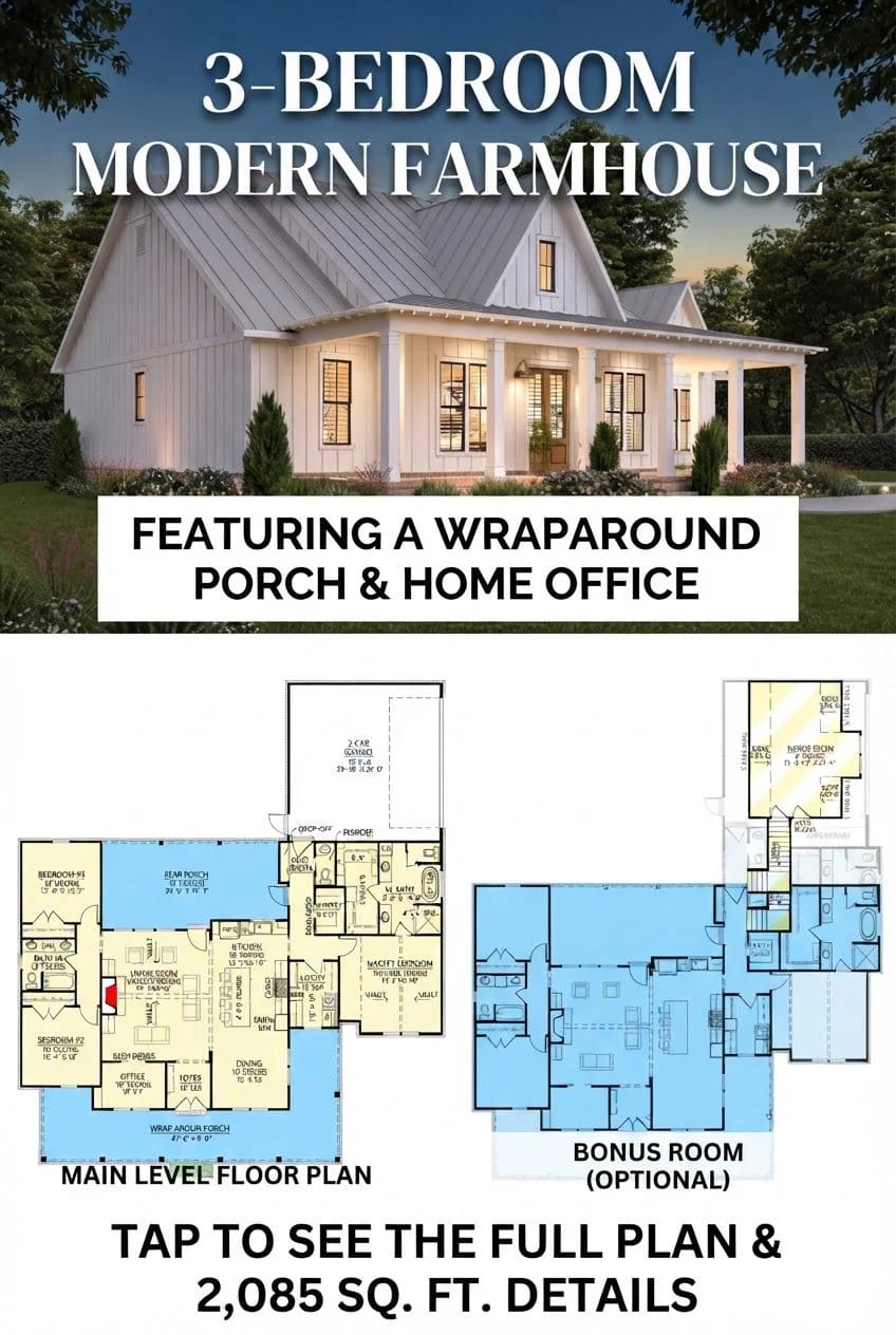3-Bedroom Modern Farmhouse Wraparound Porch Plan Exterior rendering of a white 3-bedroom modern farmhouse with a wraparound porch, shown above main-level and optional bonus-room floor plans for the 2,085-square-foot house plan.