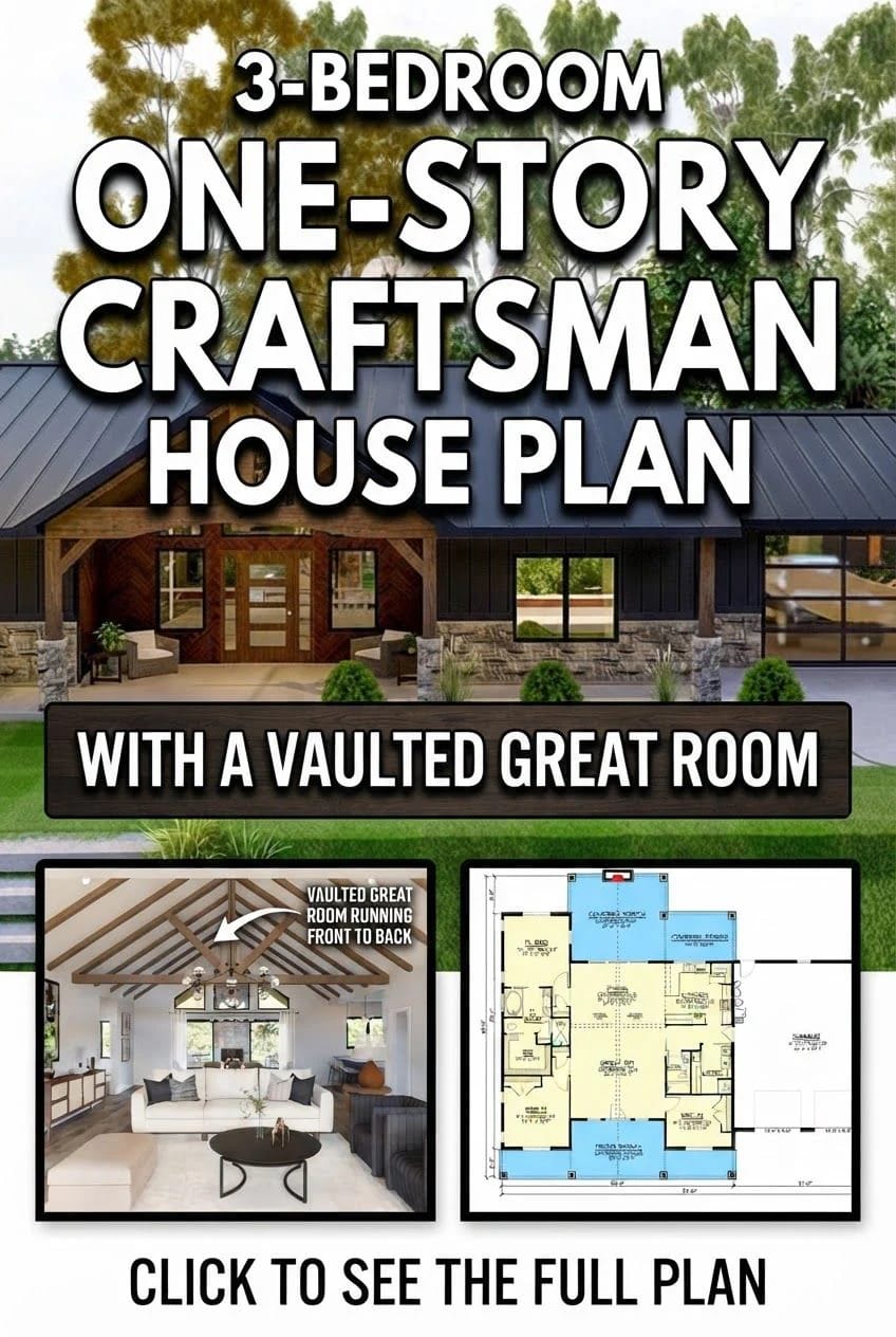 Promotional graphic for a 3-bedroom one-story Craftsman house plan showing a Craftsman home exterior, a vaulted great room interior with exposed beams, and a floor plan illustration.
