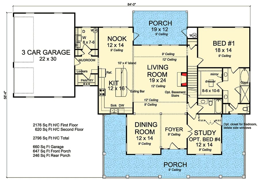 First-floor layout of a 3 or 4-bedroom country farmhouse plan showing a three-car garage, kitchen, nook, living room, dining room, study, optional bedroom, main-floor bedroom, bathrooms, and wraparound front porch.