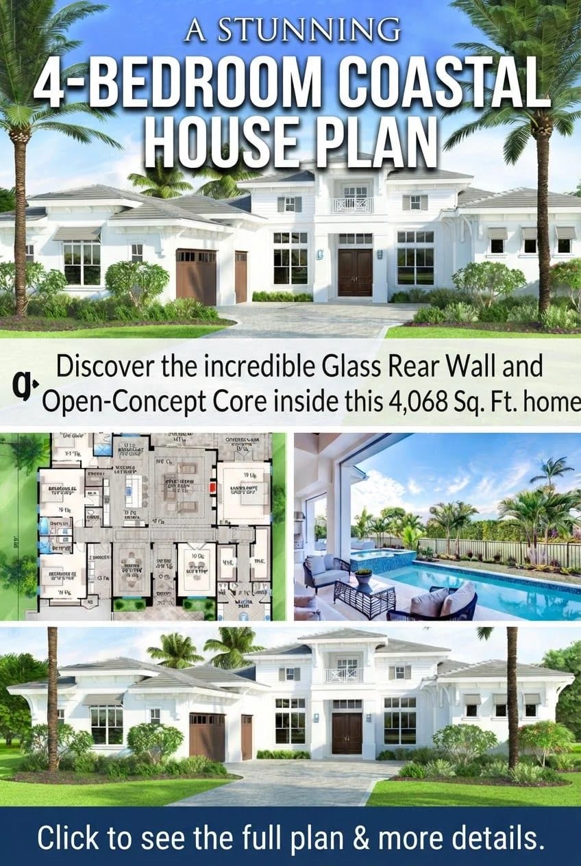 Promotional collage for a one-level 4-bedroom coastal house plan, showing a white symmetrical home with palm trees, a floor plan, a covered pool area, and the home exterior repeated below.
