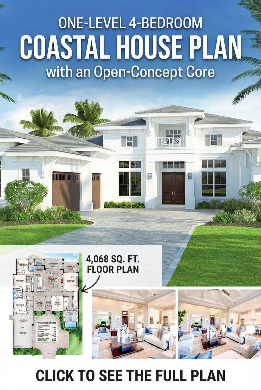 Promotional image for a one-level 4-bedroom coastal house plan showing a white two-story-entry home with palm trees, driveway, floor plan, bright open-concept interior photos, and text noting a 4,068-square-foot floor plan