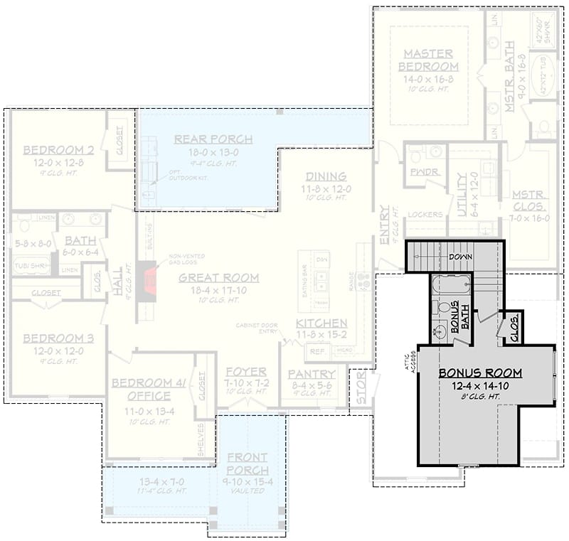 Floor plan highlighting the bonus room over the garage, with a bonus bath, stairs, storage, and attic access in a 4-bedroom country Craftsman house plan