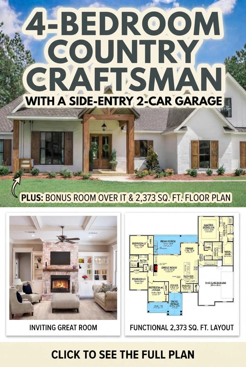 Promotional collage for a 4-bedroom country Craftsman house plan showing the front exterior, an inviting great room with fireplace and built-ins, and a labeled 2,373-square-foot floor plan with a side-entry two-car garage and bonus room.