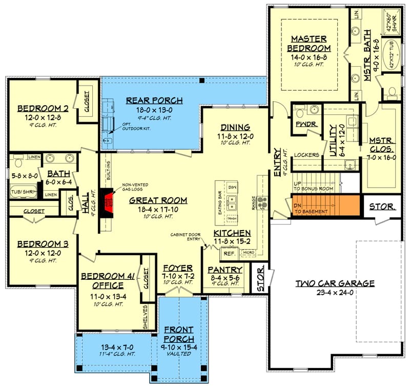 Annotated floor plan for a 4-bedroom country Craftsman house showing the great room, kitchen, dining room, four bedrooms, side-entry two-car garage, front and rear porches, and bonus room stairs.