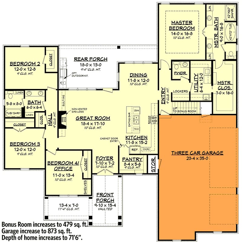 Floor plan showing a four-bedroom country Craftsman house plan with a great room, kitchen, dining area, side-entry three-car garage, rear porch, and bonus room access.