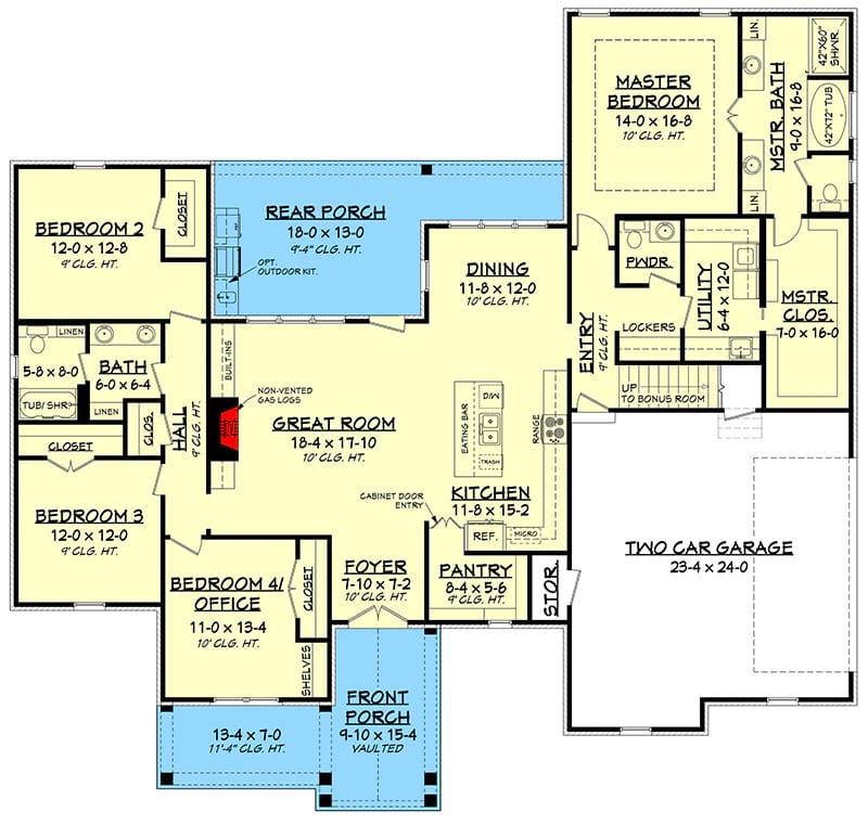 Labeled floor plan for a 4-bedroom country Craftsman house showing a side-entry two-car garage, bonus room access, master suite, three additional bedrooms, kitchen, great room, dining room, front porch, and rear porch.