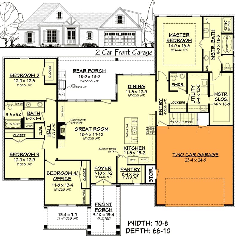 Illustrated floor plan and front elevation of a 4-bedroom country Craftsman house plan featuring a two-car garage, bonus room access, bedrooms, kitchen, dining room, great room, porches, and utility spaces