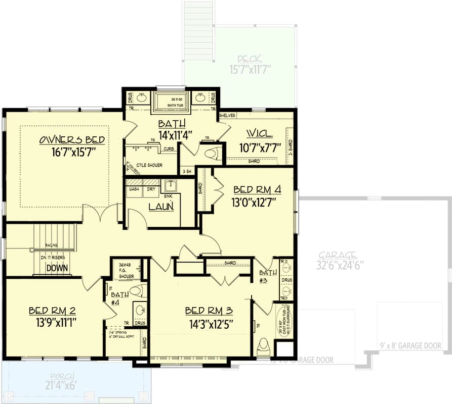 Floor plan diagram of a 4-bedroom craftsman house featuring labeled bedrooms, bathrooms, a laundry area, a walk-in closet, a deck, and a 3-car garage, illustrating the open concept design and optional finished lower level for the craftsman house plan.