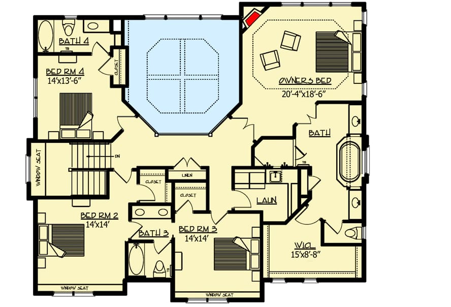 Second floor layout of an exclusive craftsman house plan featuring four bedrooms, multiple bathrooms, a laundry room, and a large owner's suite, designed around a central open space overlooking the two-story great room