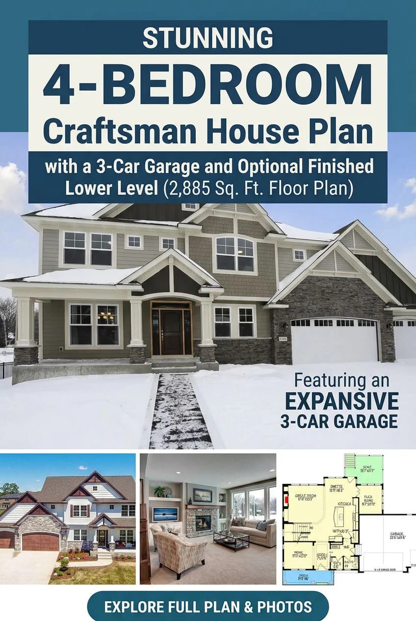 Collage showing the exterior of a Craftsman-style house with snowy front yard, three-car garage, interior living room view, floor plan layout, and text highlighting the 4-bedroom house plan with optional finished lower level and expansive garage