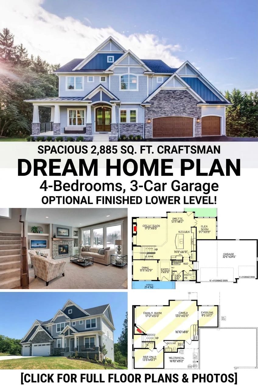 Collage showing exterior views of a 4-bedroom craftsman house, a spacious living room, and detailed floor plans, highlighting the main level's arrangement around the kitchen for a 2,885 sq. ft. home with a 3-car garage and optional finished lower level.