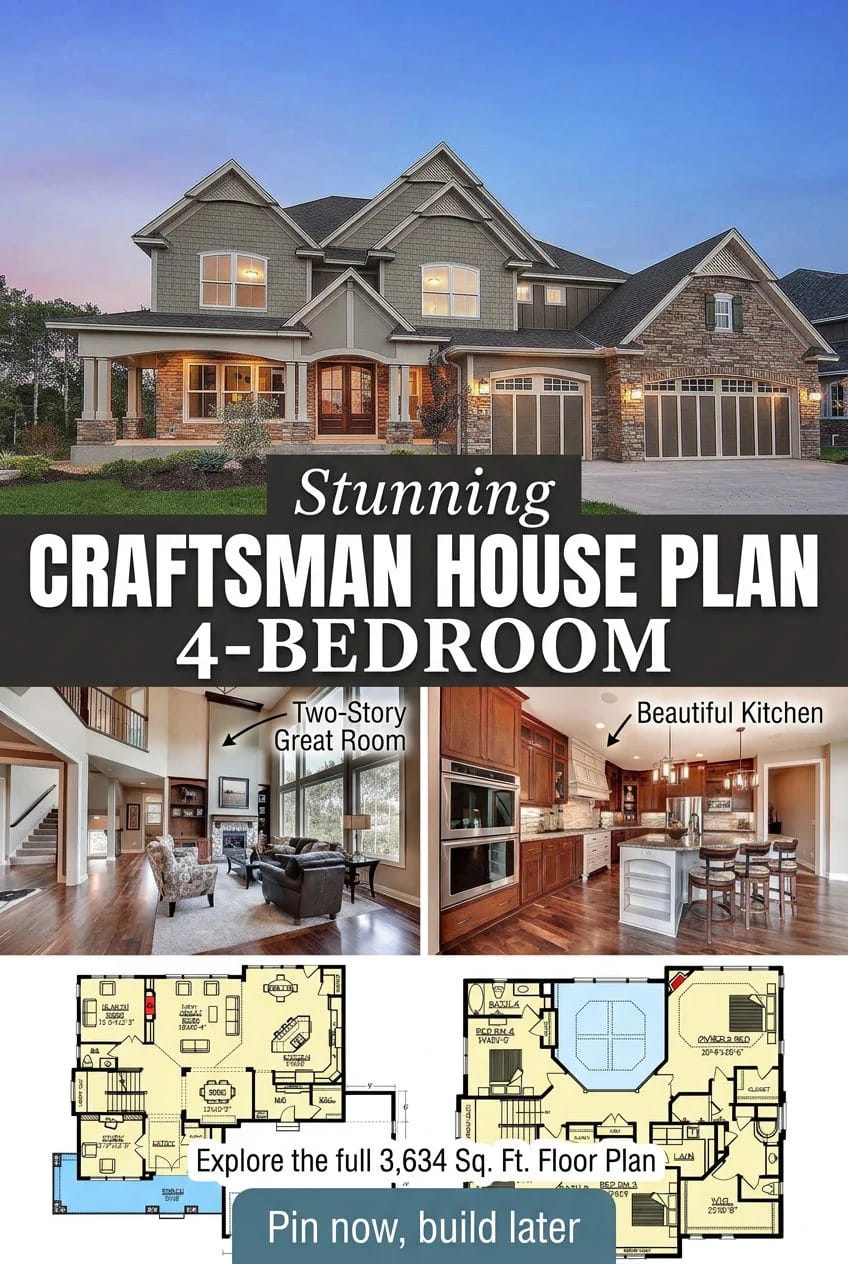 Collage showing the exterior of a craftsman-style house, interior views of a two-story great room and kitchen, and detailed floor plans for a 4-bedroom craftsman house plan with 3,634 square feet.