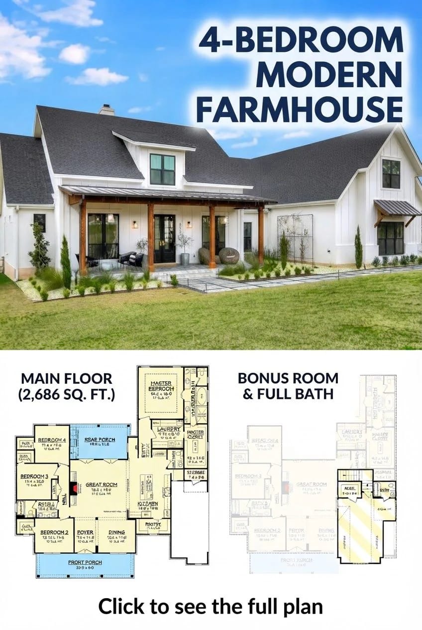 4-Bedroom Modern Farmhouse Floor Plan Exterior rendering of a white 4-bedroom modern farmhouse with dark gabled roofs, a covered wood-column porch, landscaped yard, and floor plan diagrams showing the 2,686-square-foot main level plus bonus room and full bath