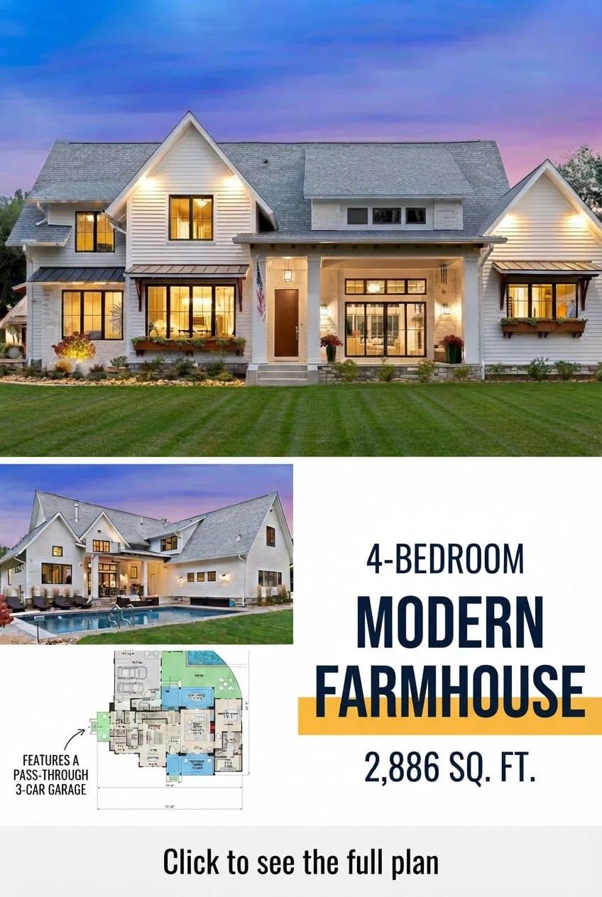 Exterior rendering of a white modern farmhouse with multiple gabled roof sections, illuminated windows, a covered entry, and a lawn; the graphic below shows a rear view, floor plan, and text identifying a 4-bedroom modern farmhouse with 2,886 square feet and a pass-through 3-car garage