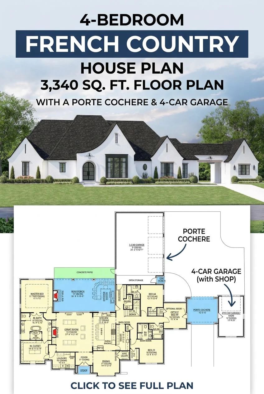 Front view of a modern French country house with a porte cochere, white exterior, black roof, manicured lawn, and a detailed floor plan highlighting the 4-car garage and porte cochere for the 4-bedroom house plan
