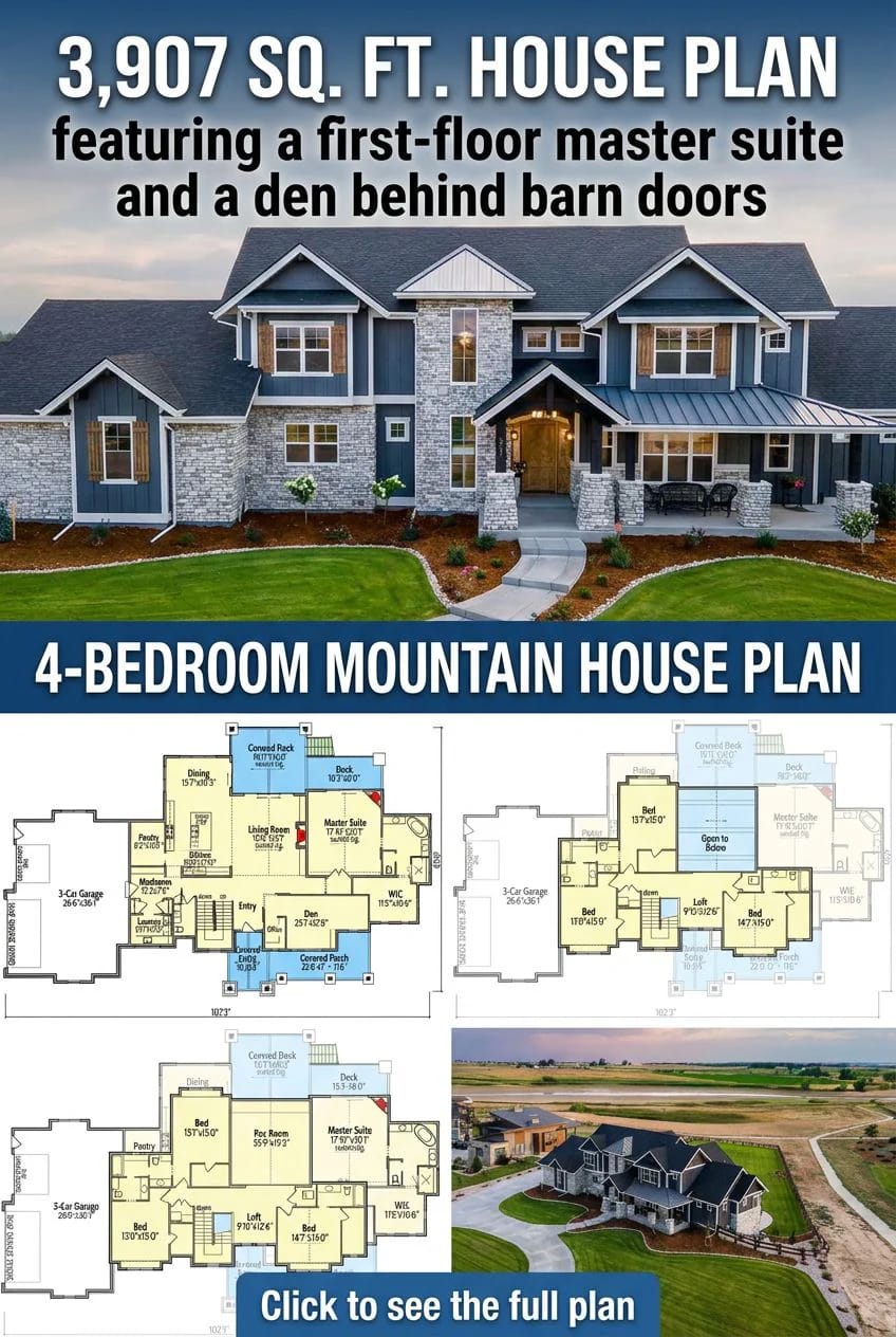 Collage showing a large two-story mountain house exterior, detailed floor plans highlighting a first-floor master suite and den behind barn doors, and an aerial view of the property, illustrating the 4-bedroom mountain house plan with 3,907 square feet.