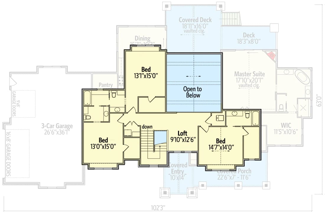 Second floor layout of a new american mountain home plan with four bedrooms, a central loft area, bathrooms, and stairs, showing the arrangement above the first-floor master suite and den.