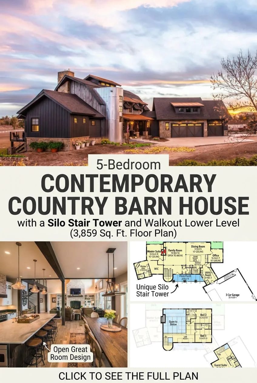 Collage showing a 5-bedroom contemporary country barn house exterior at sunset with a prominent silo stair tower, an open kitchen and dining area, and labeled floor plans highlighting the unique round stair core and walkout lower level for the featured barn house plan.