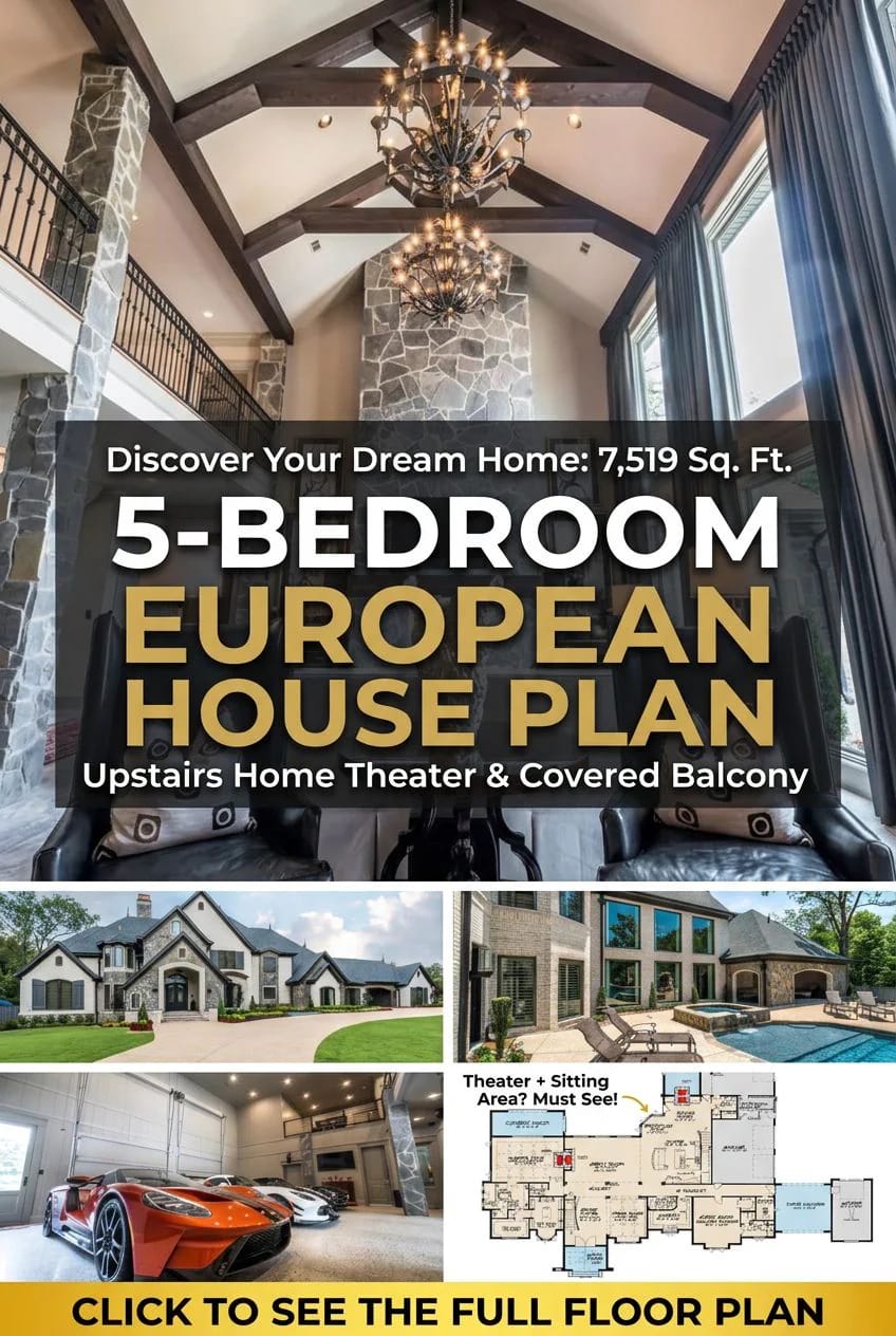 Collage of a 5-bedroom European house plan featuring an elegant living room with exposed beams and chandelier, exterior front and back views of a large luxury home, a spacious garage with sports cars, and a detailed floor plan highlighting the upstairs home theater and covered balcony