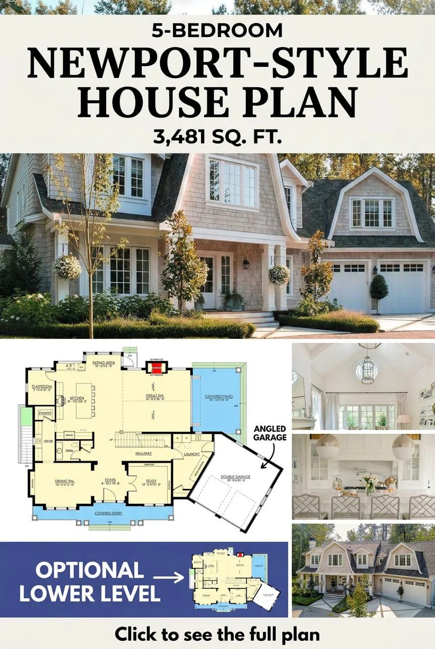 Collage showing the exterior of a Newport-style house with an angled garage, interior room images, and floor plans for a 5-bedroom home with an optional lower level, illustrating features of the 3,481 sq. ft. house plan