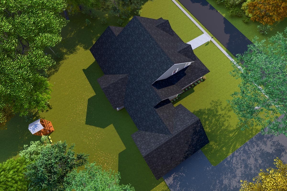 Aerial rendering of a dark-roofed home with attached garage, lawn, trees, and driveway