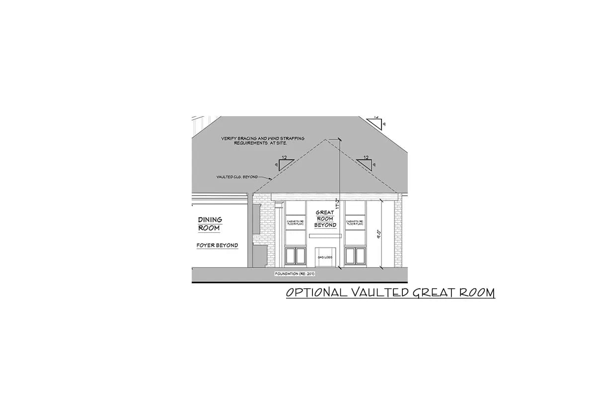 Architectural section showing an optional vaulted great room with fireplace and steeply pitched roof Architectural section showing an optional vaulted great room with fireplace and steeply pitched roof