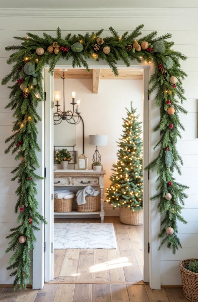 Christmas garland draped around an interior doorway with an asymmetrical arrangement, evergreen branches, warm lights, pinecones, berries, and ornaments, with a decorated Christmas tree visible beyond