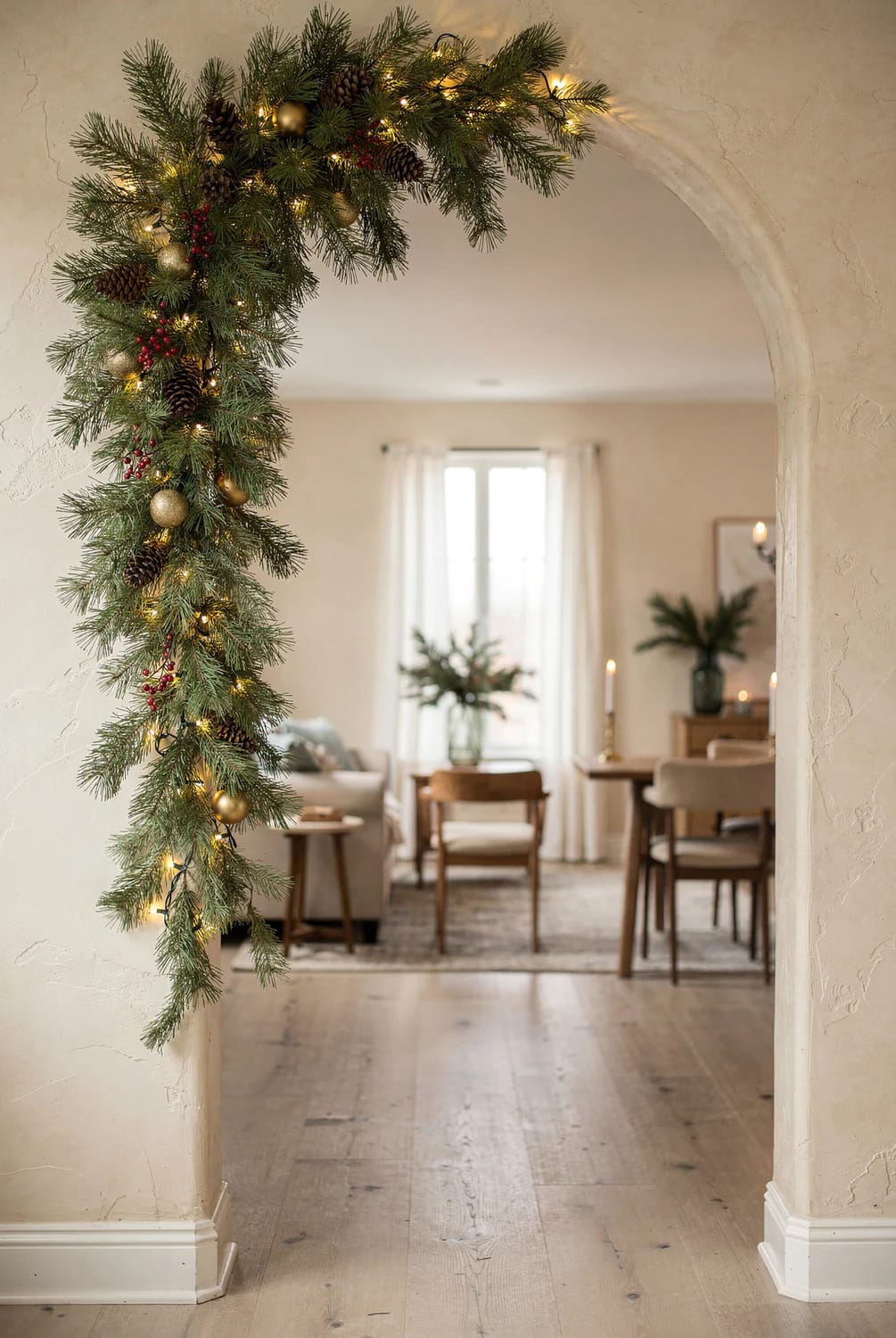 Asymmetrical Christmas garland draped along the left side and top of an interior archway, decorated with pinecones, red berries, gold ornaments, and warm string lights