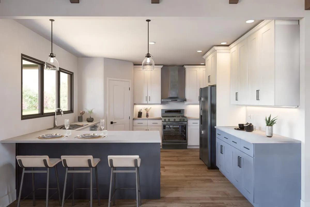 Bright contemporary kitchen with white cabinets, blue-gray island, stainless appliances, and three counter stools