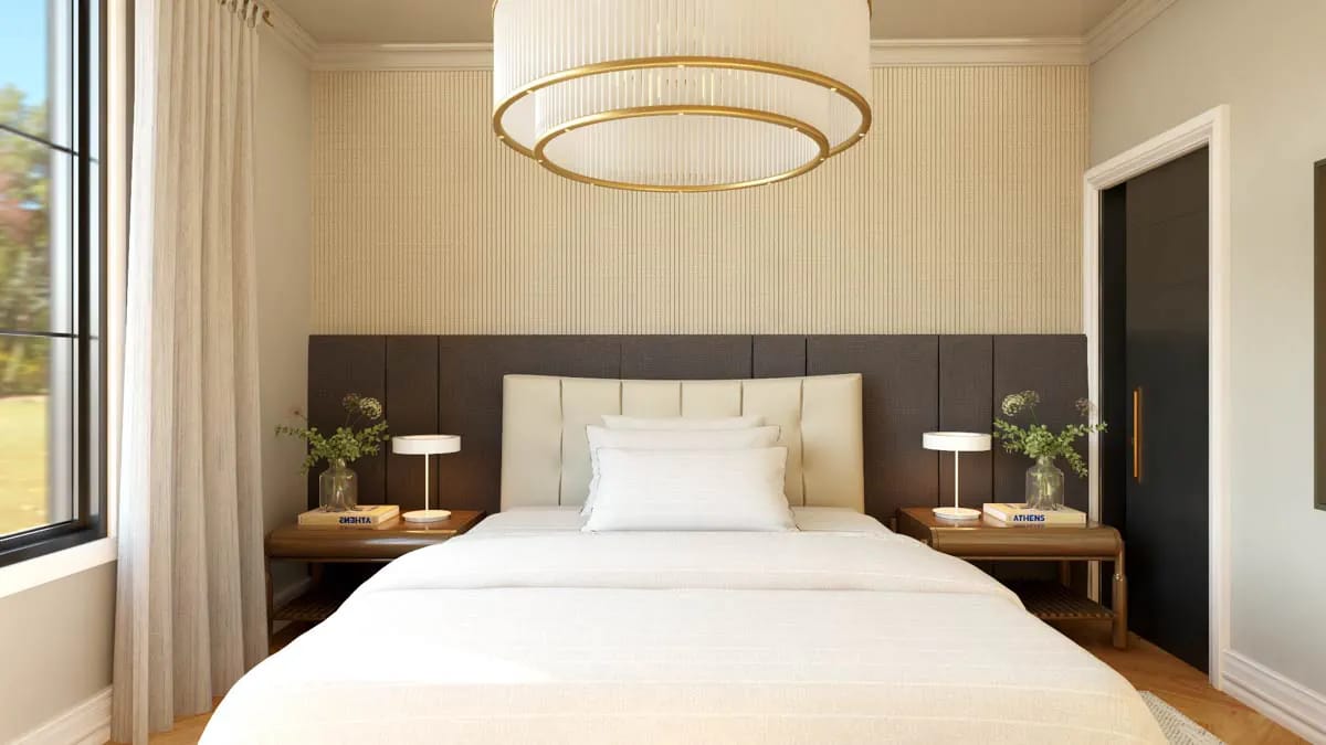 Bright, modern bedroom with upholstered headboard, gold chandelier, and neutral decor Bright, modern bedroom with upholstered headboard, gold chandelier, and neutral decor
