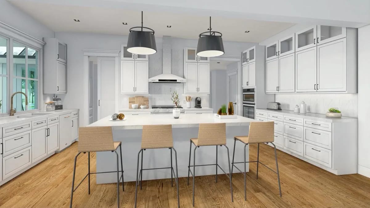 Bright white kitchen with large island, four stools, wood floors, pendant lights, and a multi-pane window