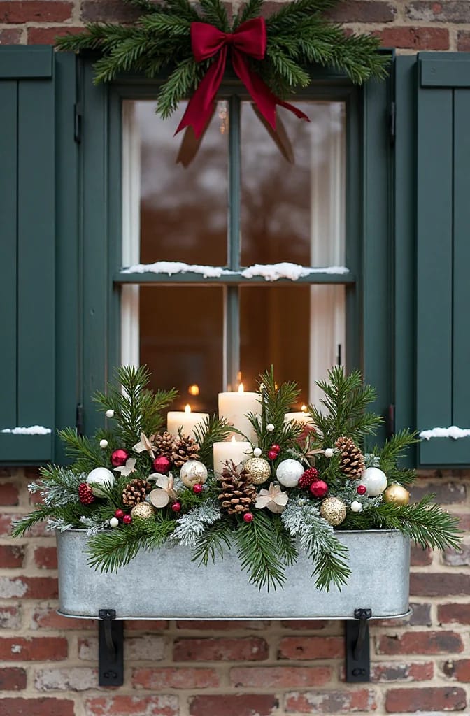 A galvanized trough mounted beneath a window displays evergreen branches, pinecones, red and gold ornaments, frosted foliage, and lit candles, with a greenery wreath and red bow above for Christmas window box decorating