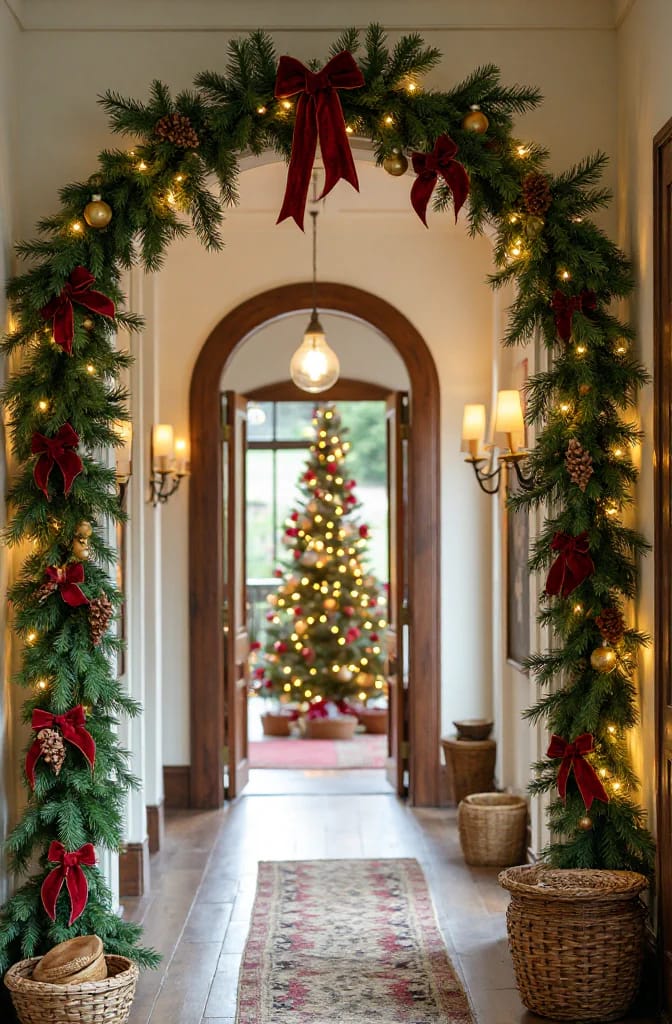 Christmas garland with warm lights, red bows, gold ornaments, and pinecones frames an interior doorway and continues along the hall ceiling above the opening, with a decorated Christmas tree visible in the background