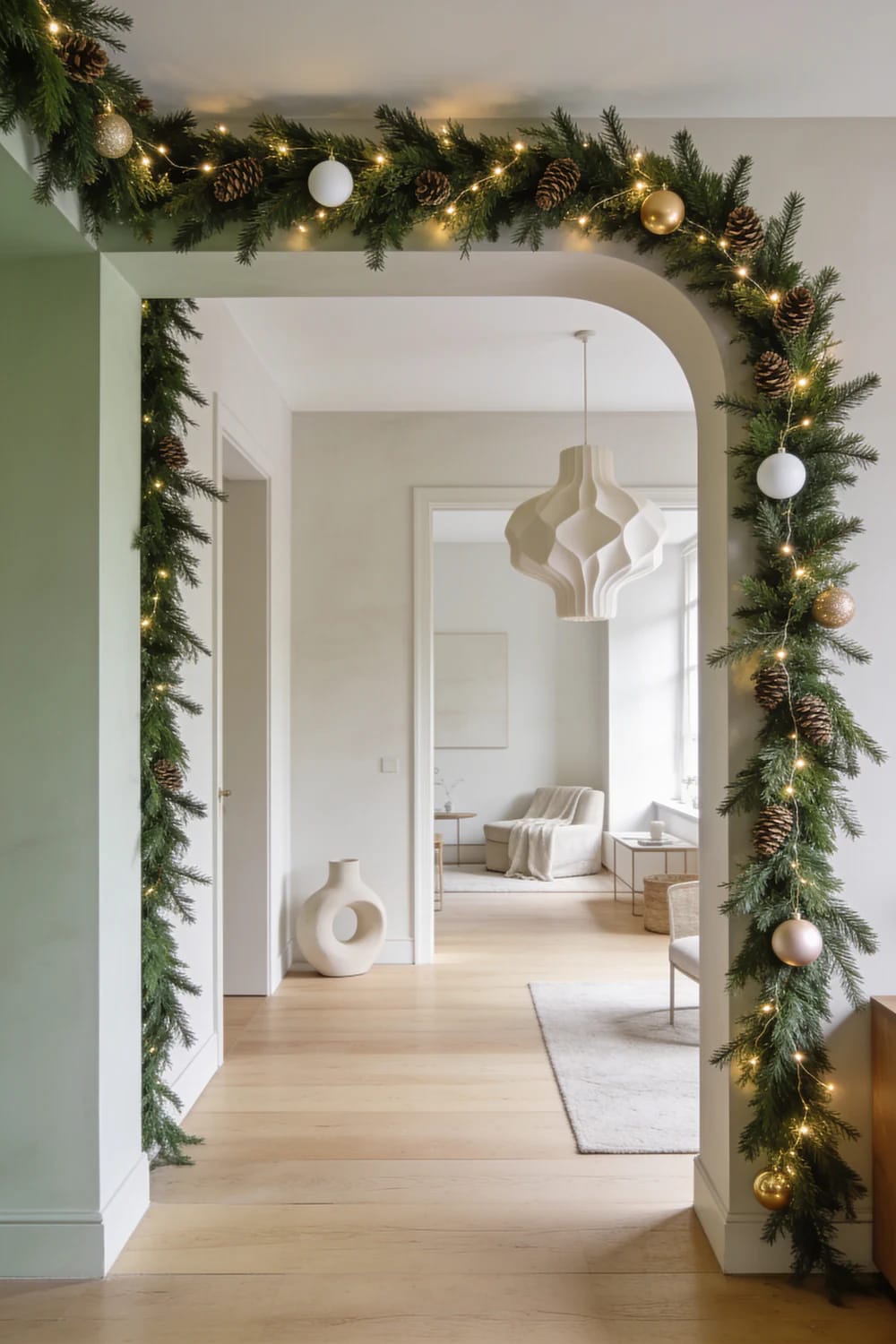 Christmas garland follows the hall ceiling and sides of an interior archway, decorated with warm string lights, pinecones, and gold and white ornaments.