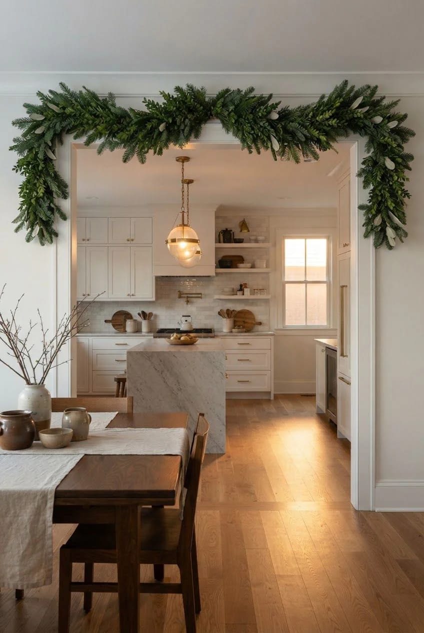 Green Christmas garland follows the flat top and both vertical sides of a cased interior doorway, framing a bright kitchen and dining area.