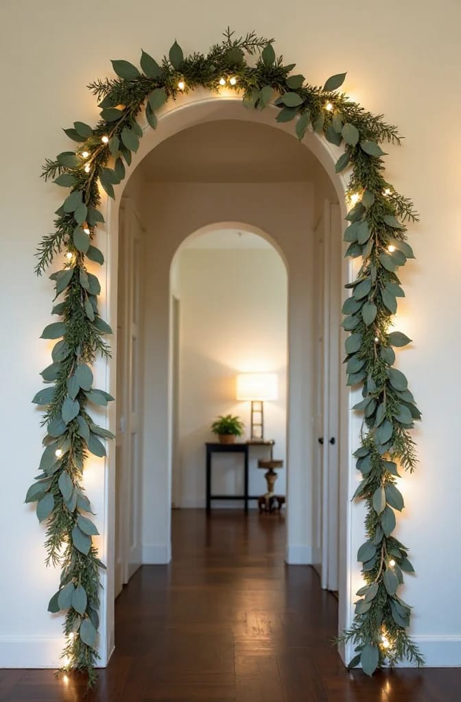 Christmas garland with greenery and warm white lights follows the curve and sides of an interior archway, framing a hallway with another arched doorway and console table beyond