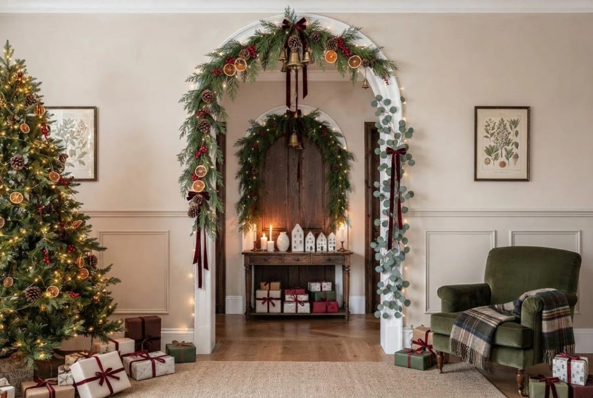 Christmas garland decorates an interior archway with evergreen branches, pinecones, dried orange slices, berries, ribbons, and bells, beside a decorated Christmas tree and mantel.