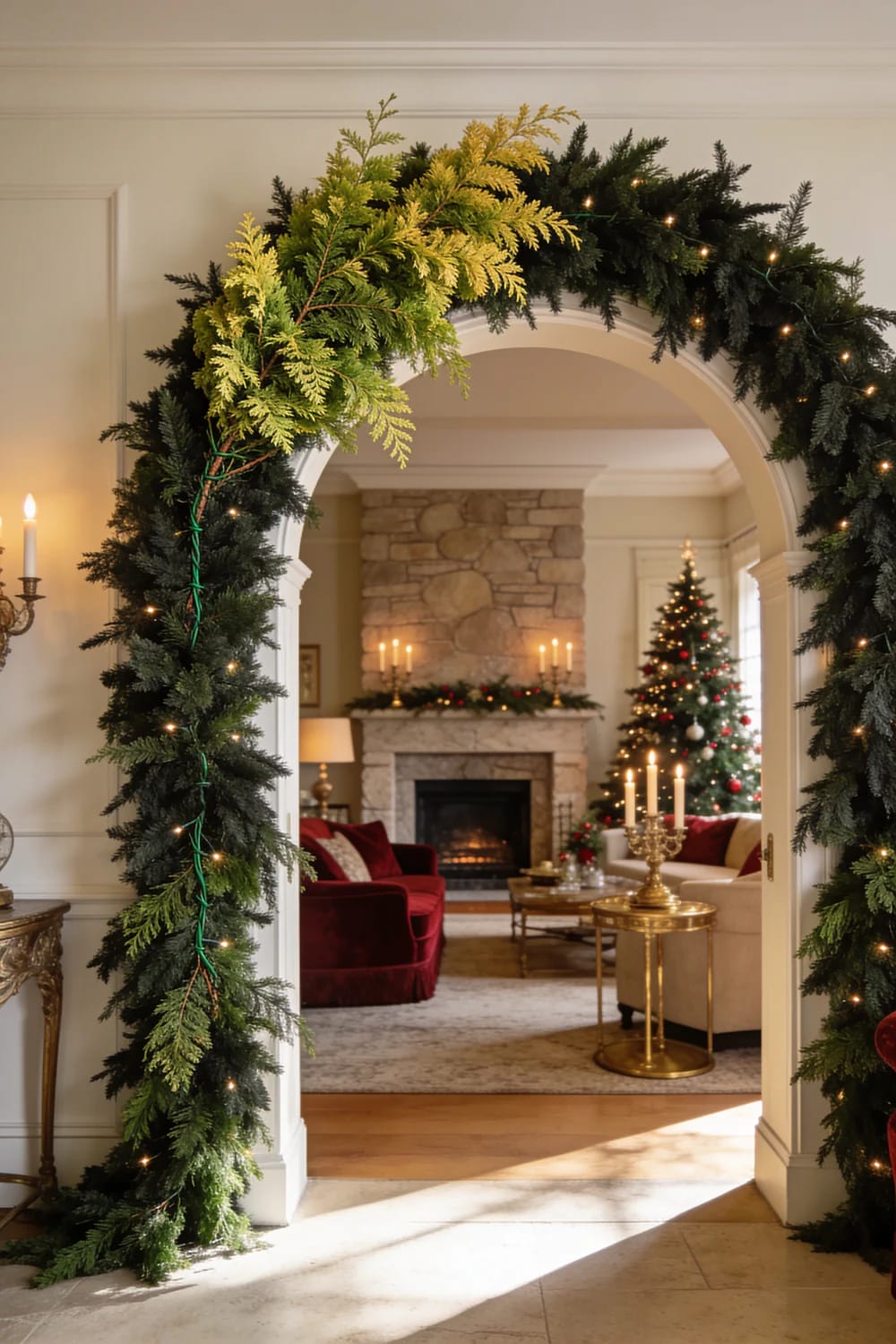 Christmas garland draped around an interior archway, combining dark evergreen branches with lighter cedar sprigs and warm string lights; a decorated Christmas tree and fireplace are visible beyond.