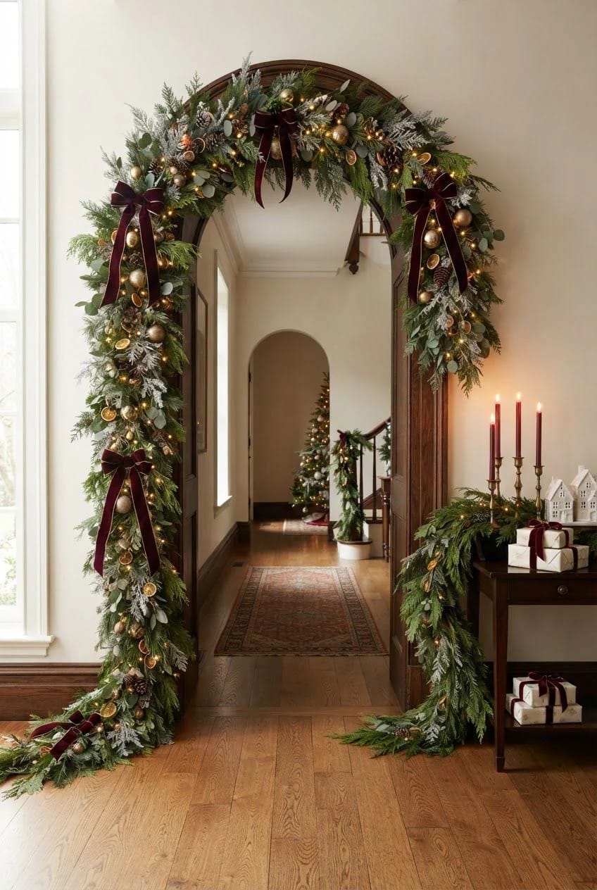 A decorated Christmas garland frames a wooden interior archway, extending down both sides to the floor where the greenery pools, with burgundy bows, gold ornaments, pinecones, frosted branches, and warm lights.