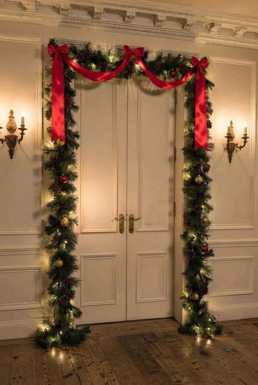 Christmas garland frames a double doorway with evergreen branches, warm lights, ornaments, and one wide red velvet ribbon secured at three points with bows and cascading tails.