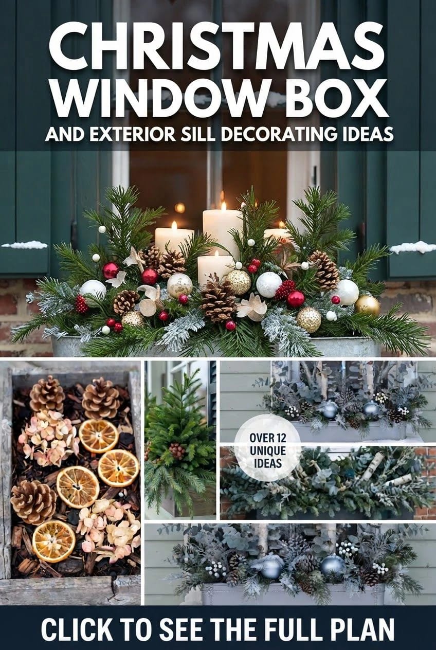 Collage showing Christmas window box and exterior sill decorating ideas, including evergreen branches, pinecones, berries, ornaments, candles, dried orange slices, and frosted greenery arrangements
