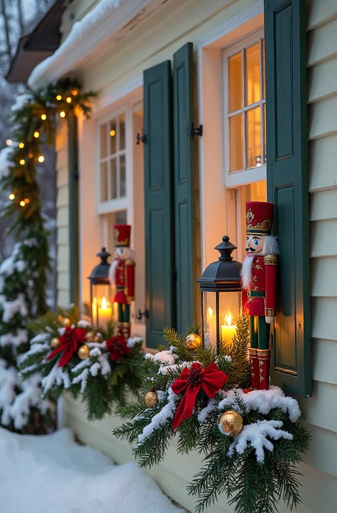 Snow-covered Christmas window boxes with evergreen garlands, red bows, gold ornaments, glowing lanterns, and one nutcracker displayed beside each window