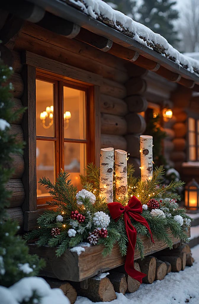 Snow-covered log cabin window with a Christmas window box filled with evergreen branches, upright birch logs, pinecones, berries, white flowers, warm string lights, and a red bow