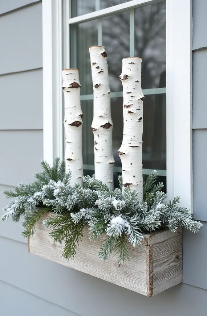 A wooden exterior window box holds three upright birch logs surrounded by frosted evergreen branches for a Christmas window box decoration.