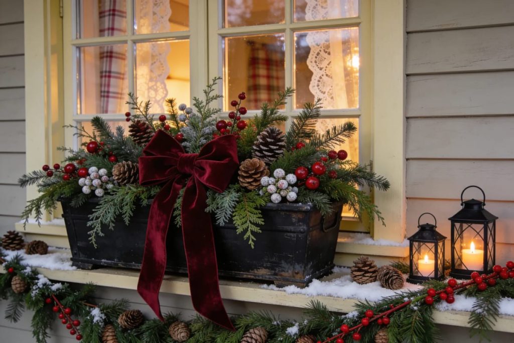 Christmas window box and exterior sill decorating ideas featuring a black planter filled with evergreen branches, pinecones, red berries, frosted berries, and a large burgundy bow, with garland and lit lanterns on a snowy sill
