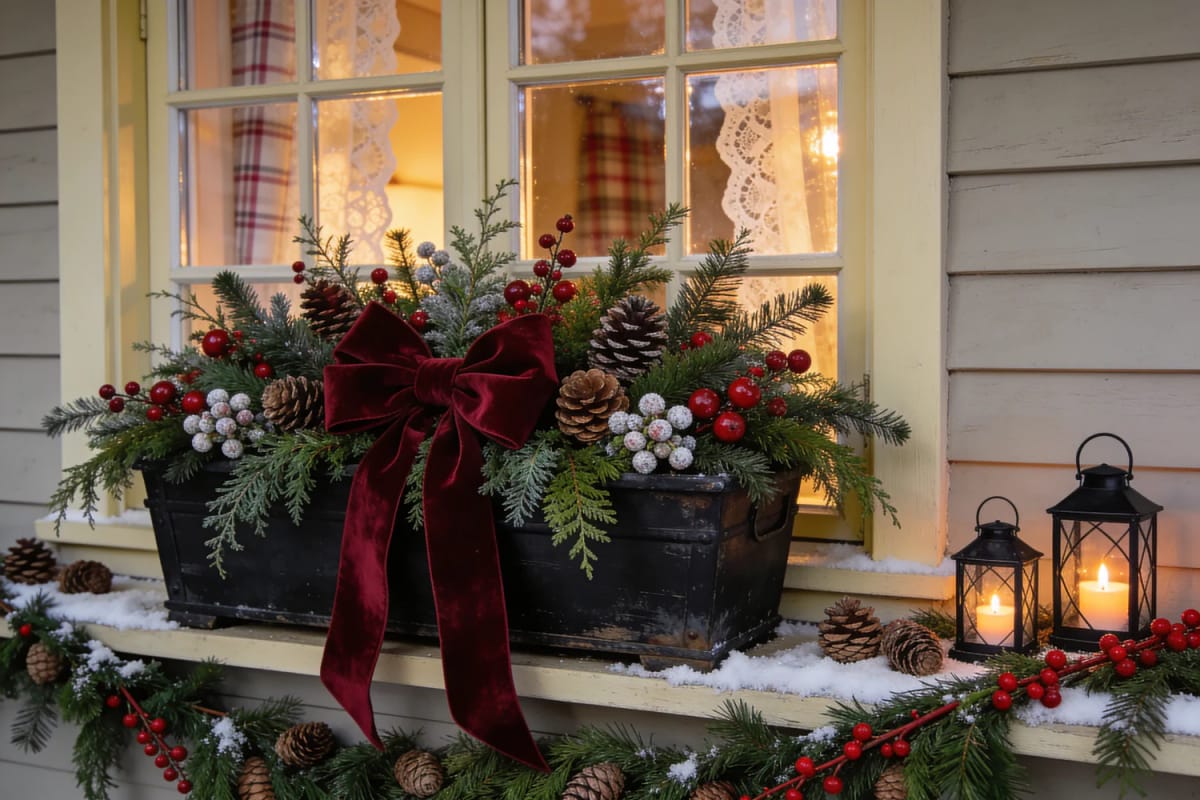 Christmas window box and exterior sill decorating ideas featuring a black planter filled with evergreen branches, pinecones, red berries, frosted berries, and a large burgundy bow, with garland and lit lanterns on a snowy sill