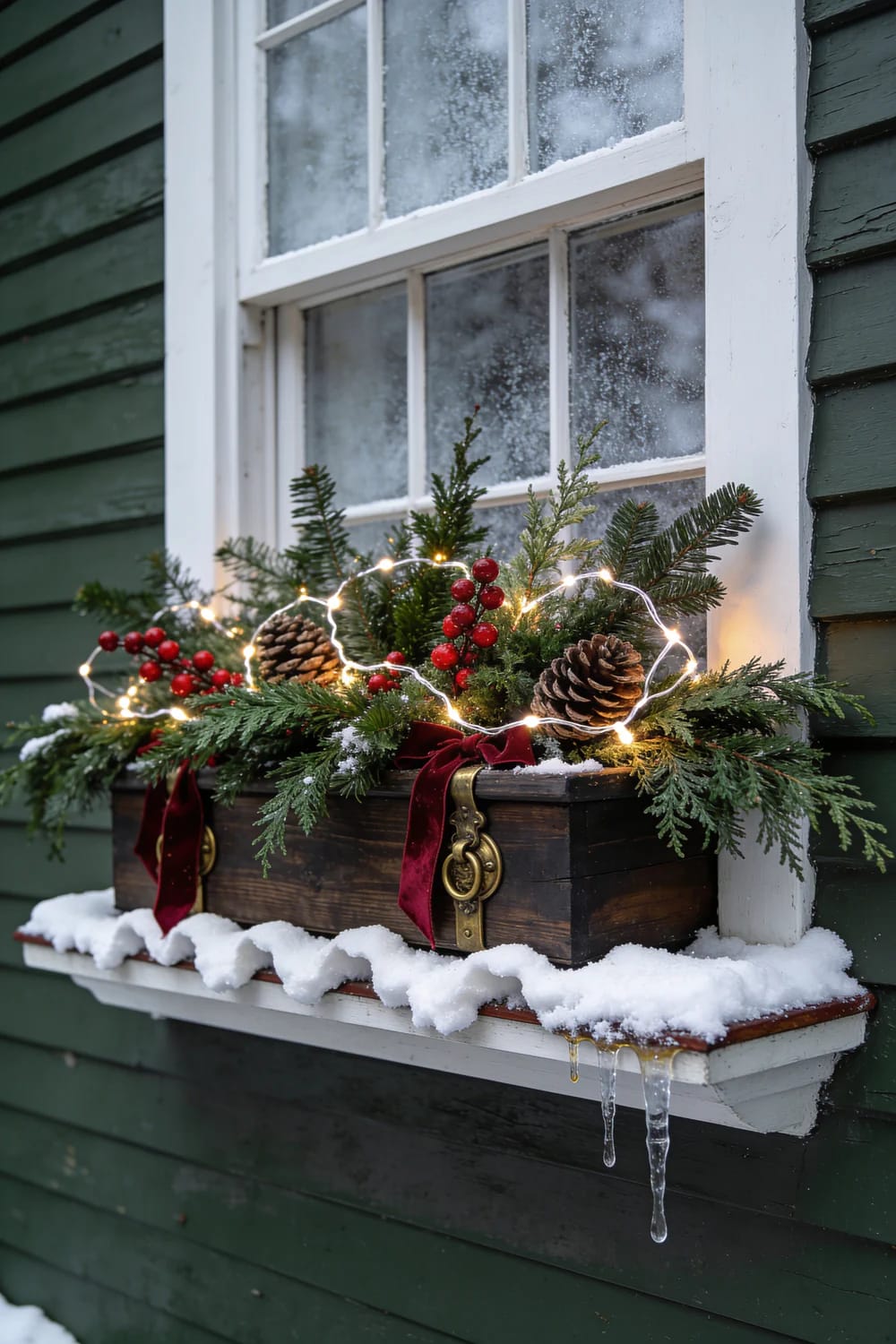 Christmas window box filled with evergreen branches, red berries, pinecones, burgundy ribbons, and warm string lights, with faux snow layered along the exterior sill and box lip
